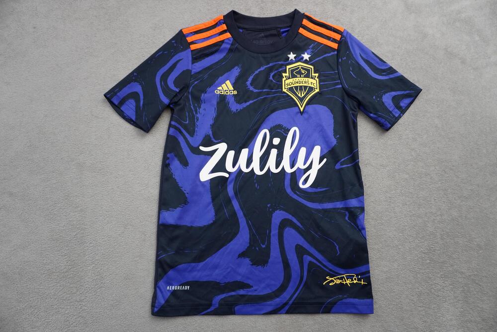 Seattle Sounders FC Jersey Boys Small 9-10Y Blue MLS Soccer Adidas Jimi Hendrix